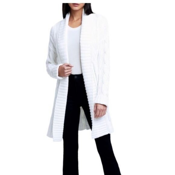 L'Agence Jax Oversized Belted Cable-Knit Cardigan in Off White Size Small - Picture 3 of 16